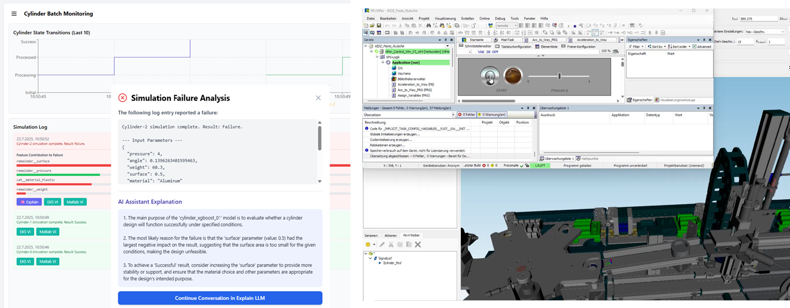 Abbildung 5: Simulations-Cockpit mit KI-Agent (links) und graphische Simulation Bauteilrutsche (rechts)