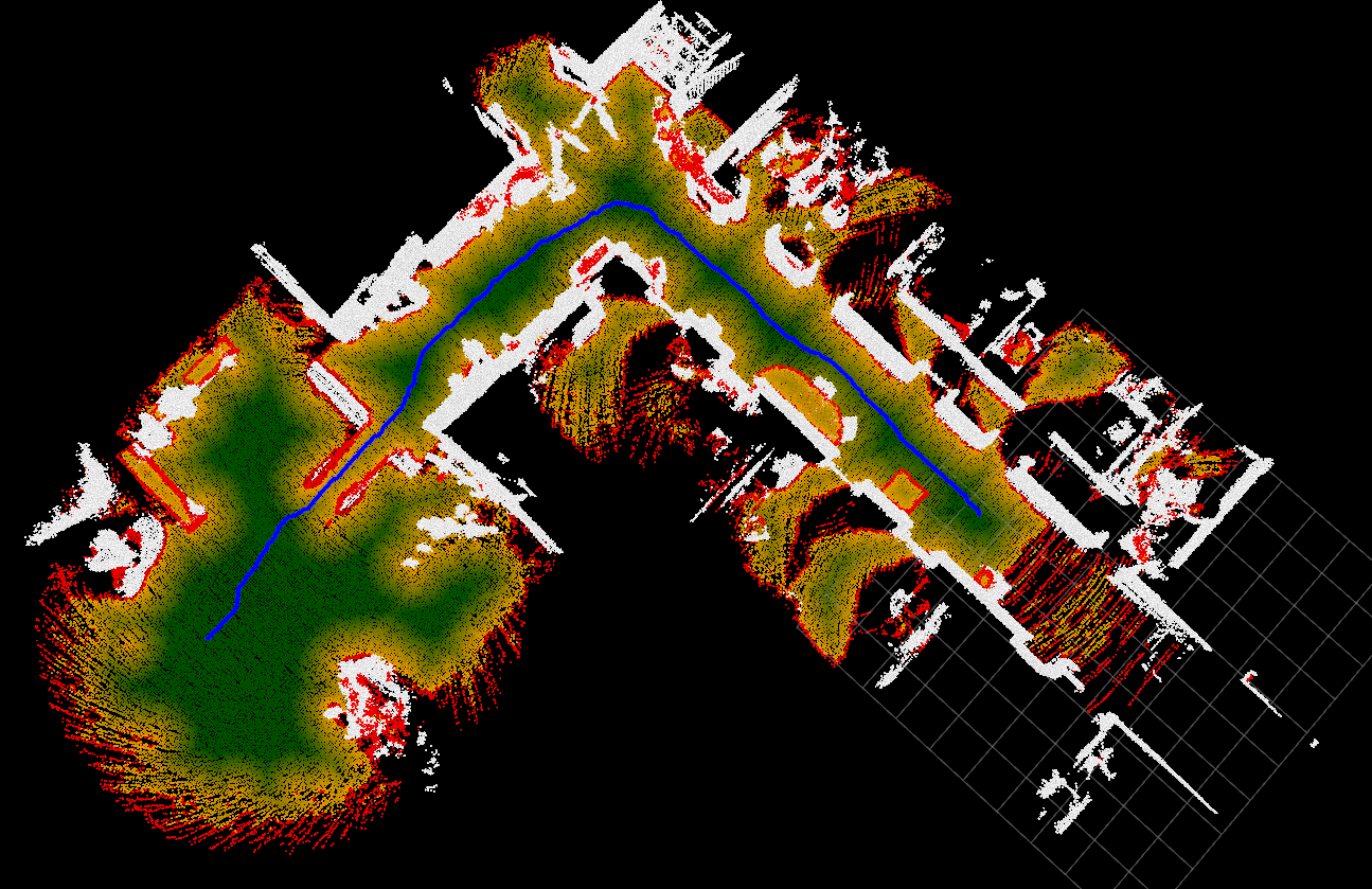 Beispielhafte 3D-Punktwolke mit farbcodierter Befahrbarkeitsbewertung und geplanter Route.